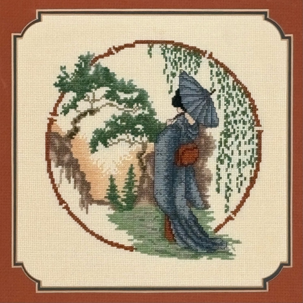 Vintage Rust Orange Framed Cross Stitch. Geisha in the garden. Wall art 🖼️